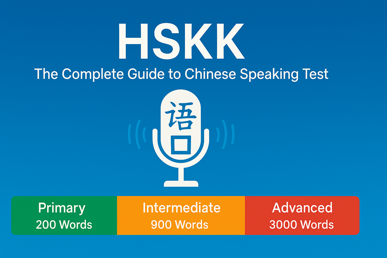 HSKK Chinese Speaking Test cover image showing microphone icon, sound-waves, and three colored bars for primary, intermediate, and advanced levels