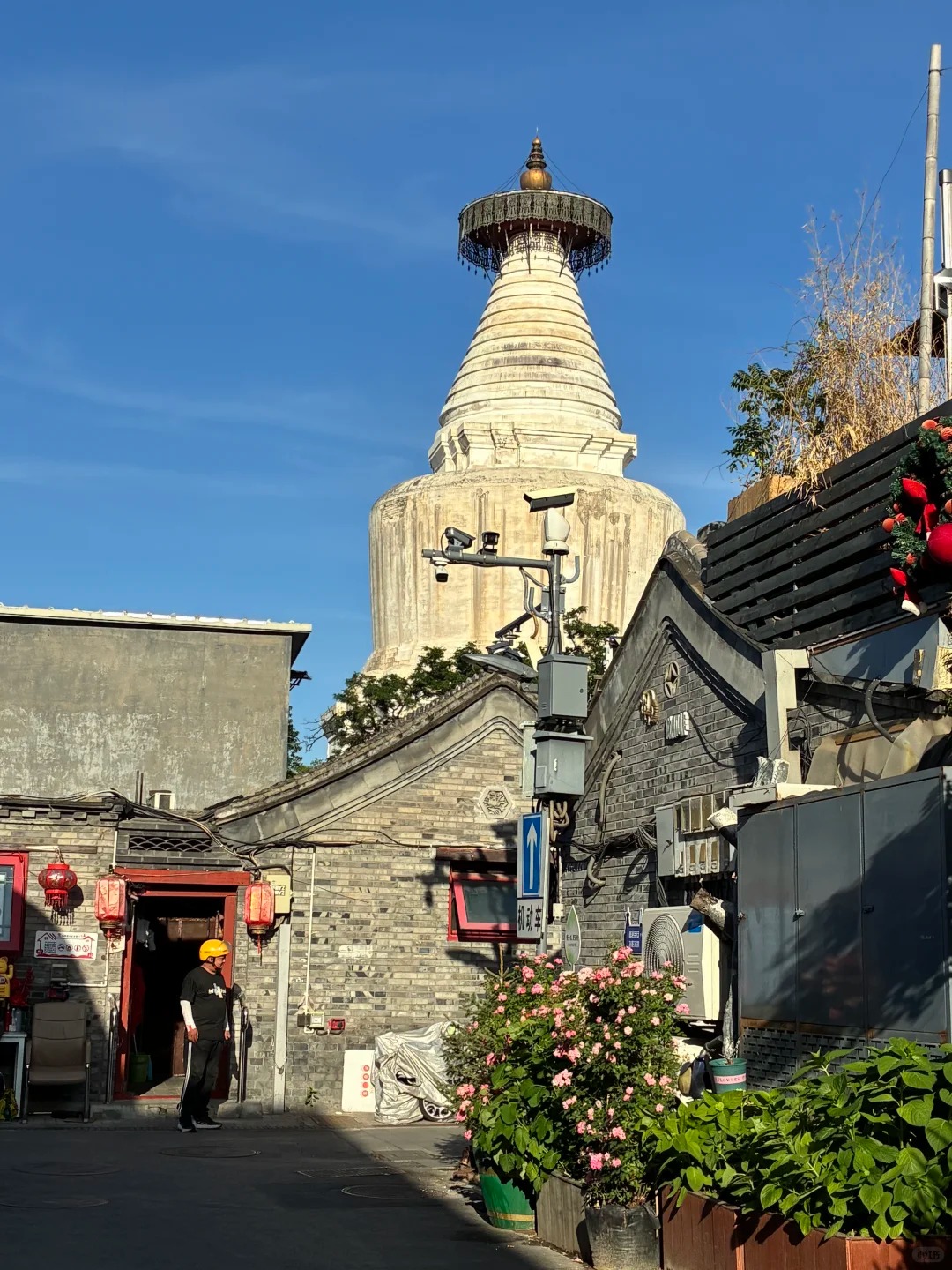 White stupa of Miaoying Temple rising above hutong rooftops in Baitasi, Beijing