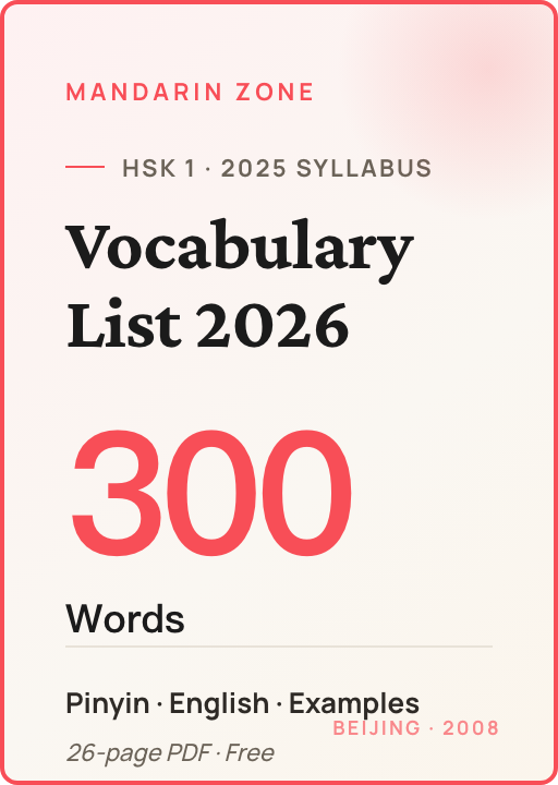 New HSK 1 Vocabulary List 2026 PDF cover preview