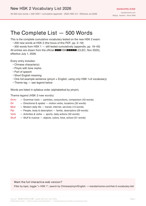 New HSK 2 Vocabulary List 2026 PDF cover preview