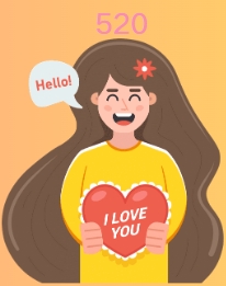 A cheerful girl holding a heart with the words "I Love You," expressing love and happiness, with a speech bubble saying "Hello."