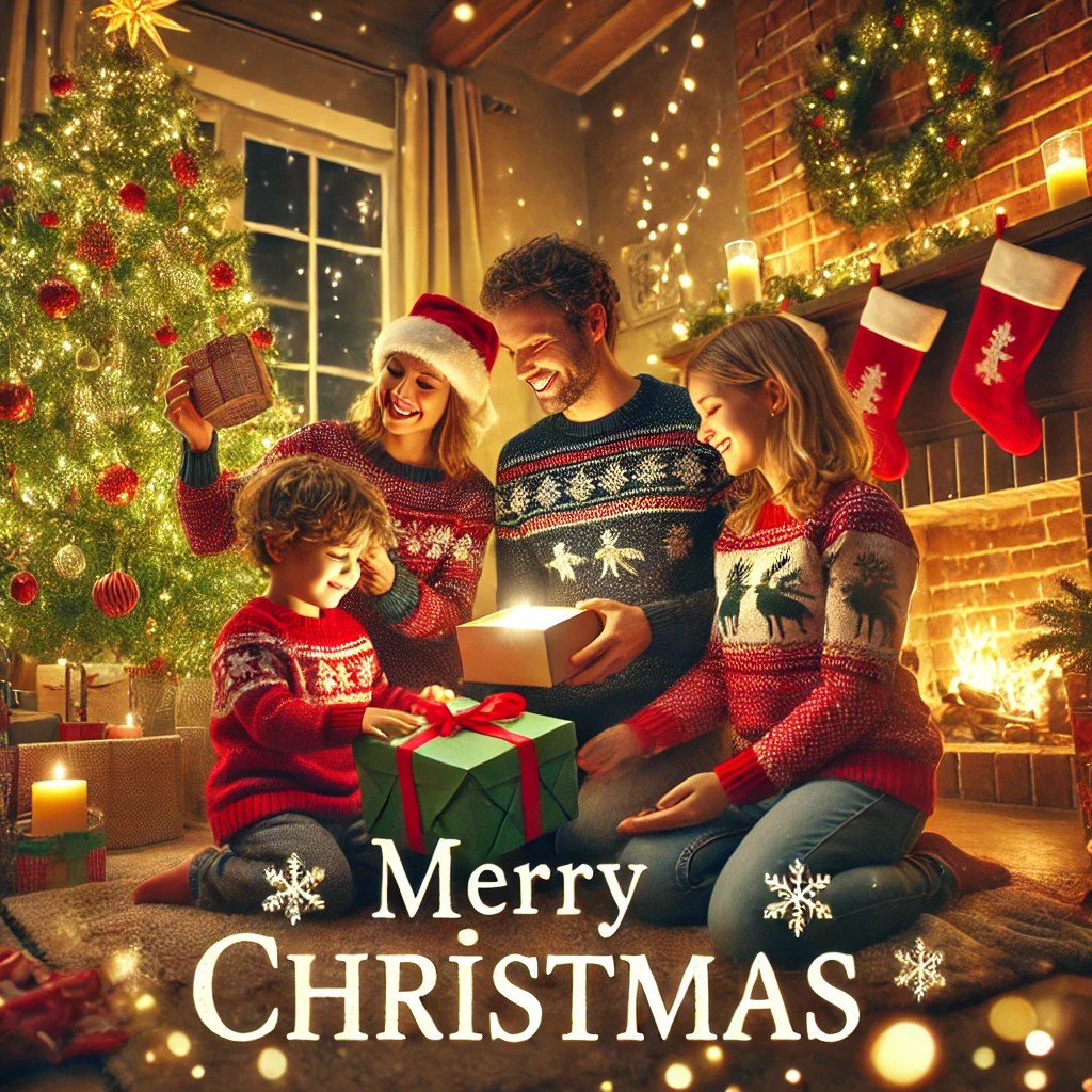 Family of four celebrating Christmas around a tree with gifts, in a warmly decorated room with 'Merry Christmas' banner.