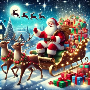 Santa Claus riding a sleigh filled with gifts, pulled by reindeer through a snowy landscape under a starry night sky, embodying the festive spirit of Christmas.