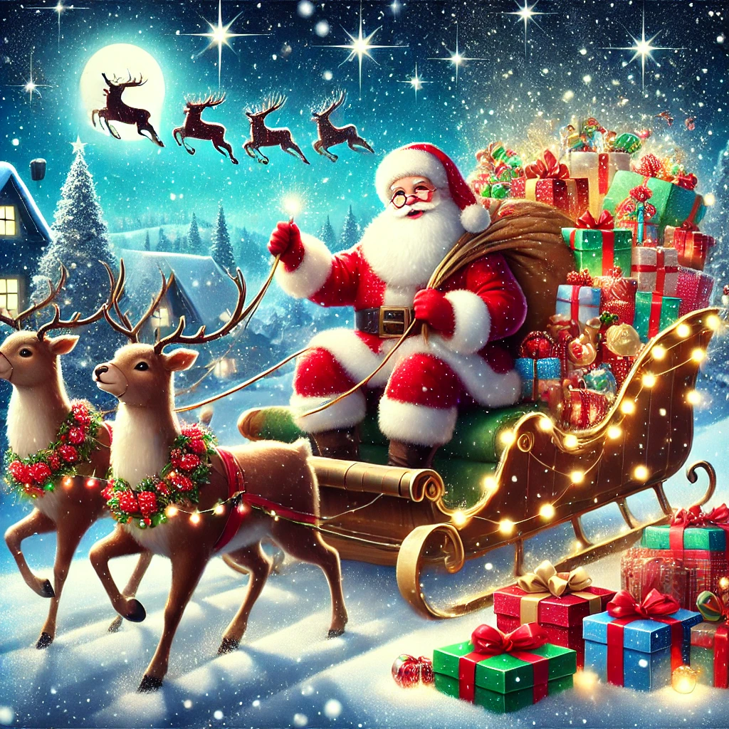 Santa Claus riding a sleigh filled with gifts, pulled by reindeer through a snowy landscape under a starry night sky, embodying the festive spirit of Christmas.