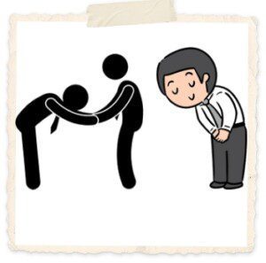 Illustration of a person smiling and nodding, and another performing a slight bow to express thanks in China