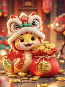 Cute baby dragon in lion dance costume holding Chinese knot and money bag with gold coins, 3D rendered in festive Chinese New Year setting with red lanterns and bokeh lights