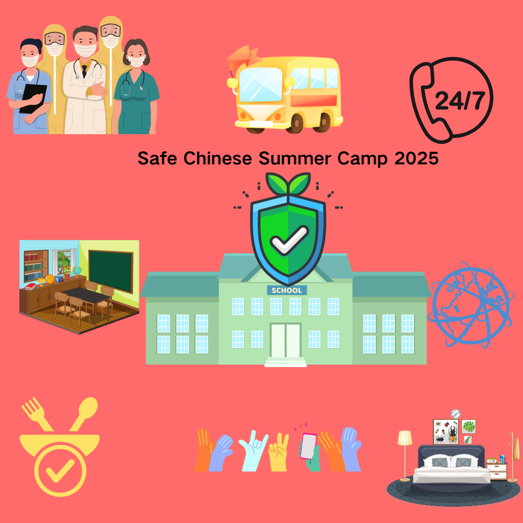 Safe Chinese Summer Camp 2025 infographic showing medical staff, school building, dormitory, classroom, school bus, 24/7 support, food safety, and international communication features