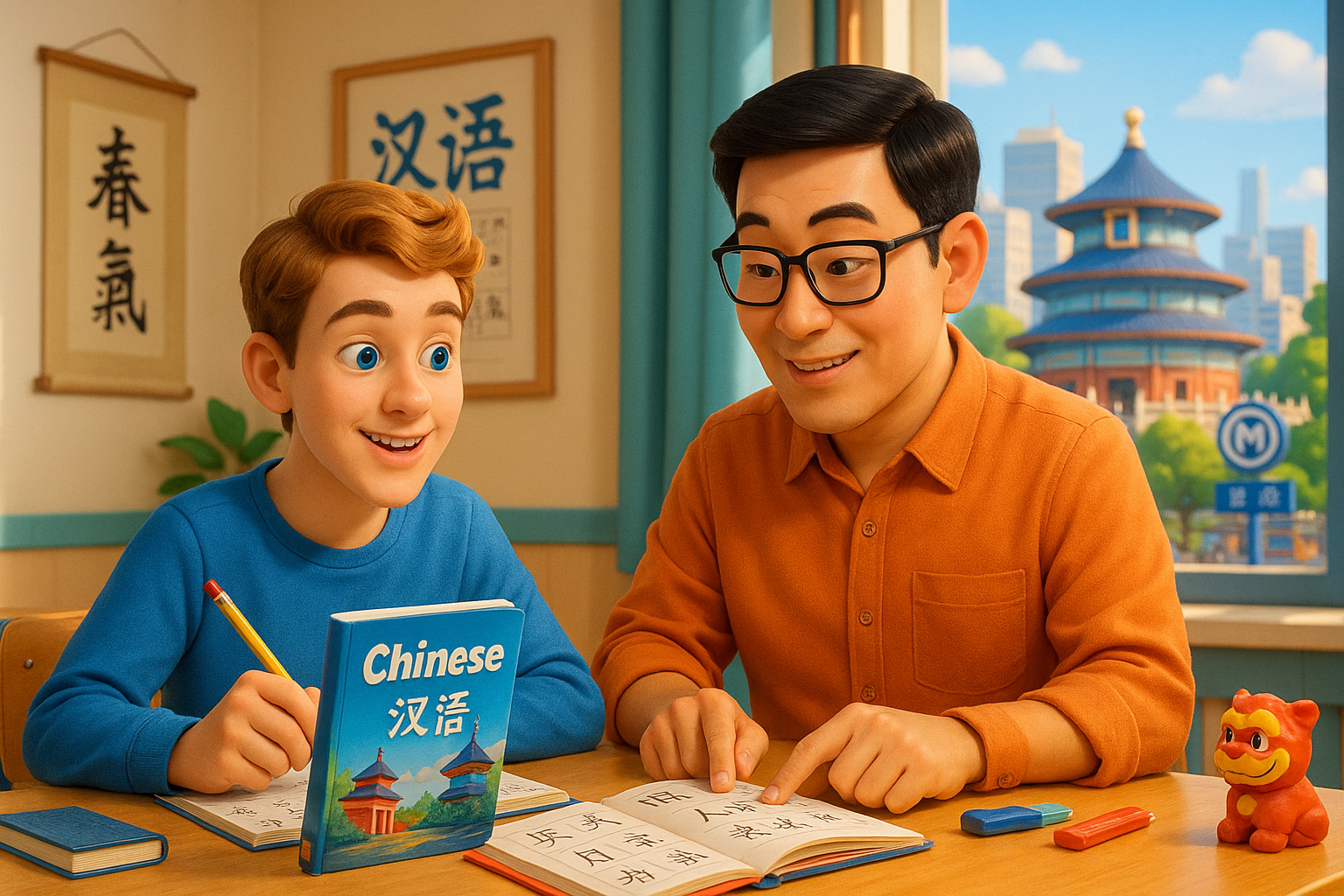 A cheerful young Caucasian male student learning Chinese with a Chinese teacher in a sunny Beijing classroom, featuring textbooks and a view of the Temple of Heaven through the window. Intensive learn Chinese in China theme.