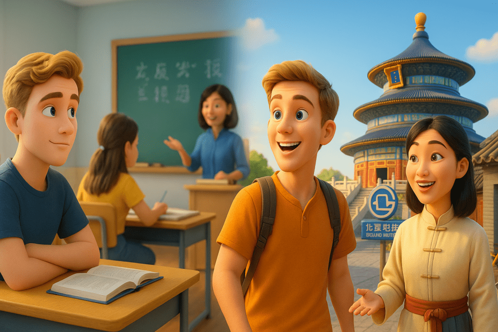 A cheerful 20-year-old Caucasian boy experiencing Chinese summer camp in China, learning Mandarin with a Chinese teacher near the Temple of Heaven in Beijing, contrasted with a traditional classroom setting.