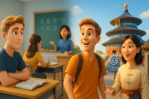 A cheerful 20-year-old Caucasian boy experiencing Chinese summer camp in China, learning Mandarin with a Chinese teacher near the Temple of Heaven in Beijing, contrasted with a traditional classroom setting.