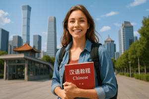 Young woman holding a Chinese textbook with a backpack, smiling in front of modern Beijing skyscrapers and a traditional subway entrance under a clear blue sky.