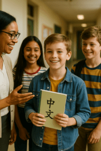 A smiling boy proudly holding a book labeled "中文" (Chinese) stands in a school hallway, receiving praise from his teacher and admiration from classmates—demonstrating the lasting esteem benefits gained from a Chinese language summer camp in China.