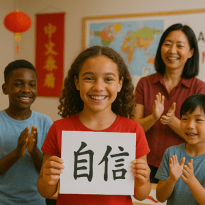 A confident young girl holding a Chinese calligraphy sign for “confidence” in a classroom, surrounded by diverse classmates and a smiling teacher at a Chinese summer camp in China.