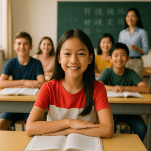 A smiling Asian girl in a red and white T-shirt sits confidently at her desk with an open book, surrounded by diverse classmates and a teacher in a classroom at a Chinese summer program in China.