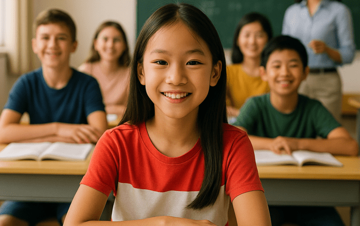 A smiling Asian girl in a red and white T-shirt sits confidently at her desk with an open book, surrounded by diverse classmates and a teacher in a classroom at a Chinese summer program in China.