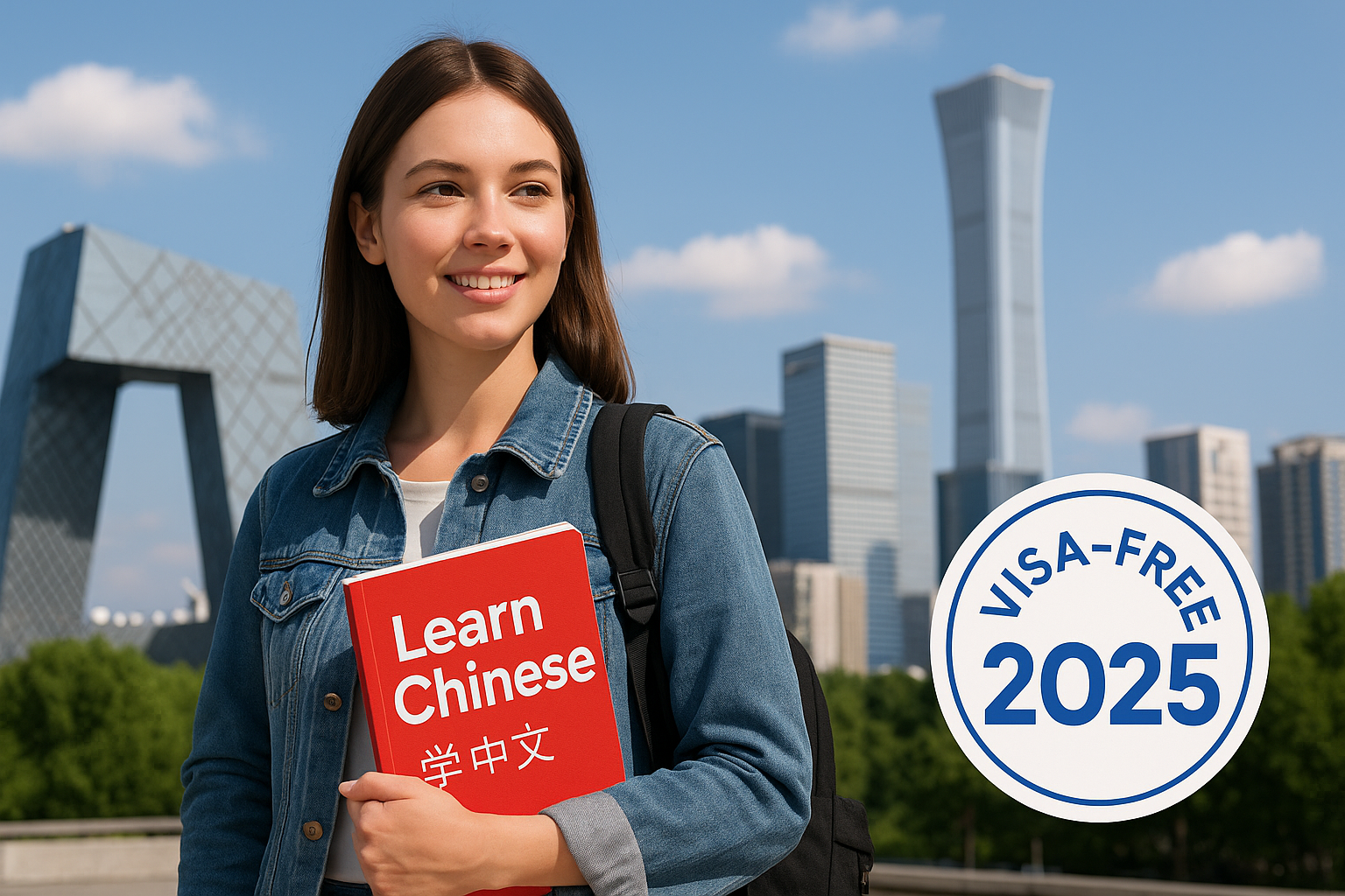 Young woman holding a "Learn Chinese" textbook with a visa-free 2025 travel badge, standing in front of modern Beijing skyscrapers on a sunny day.
