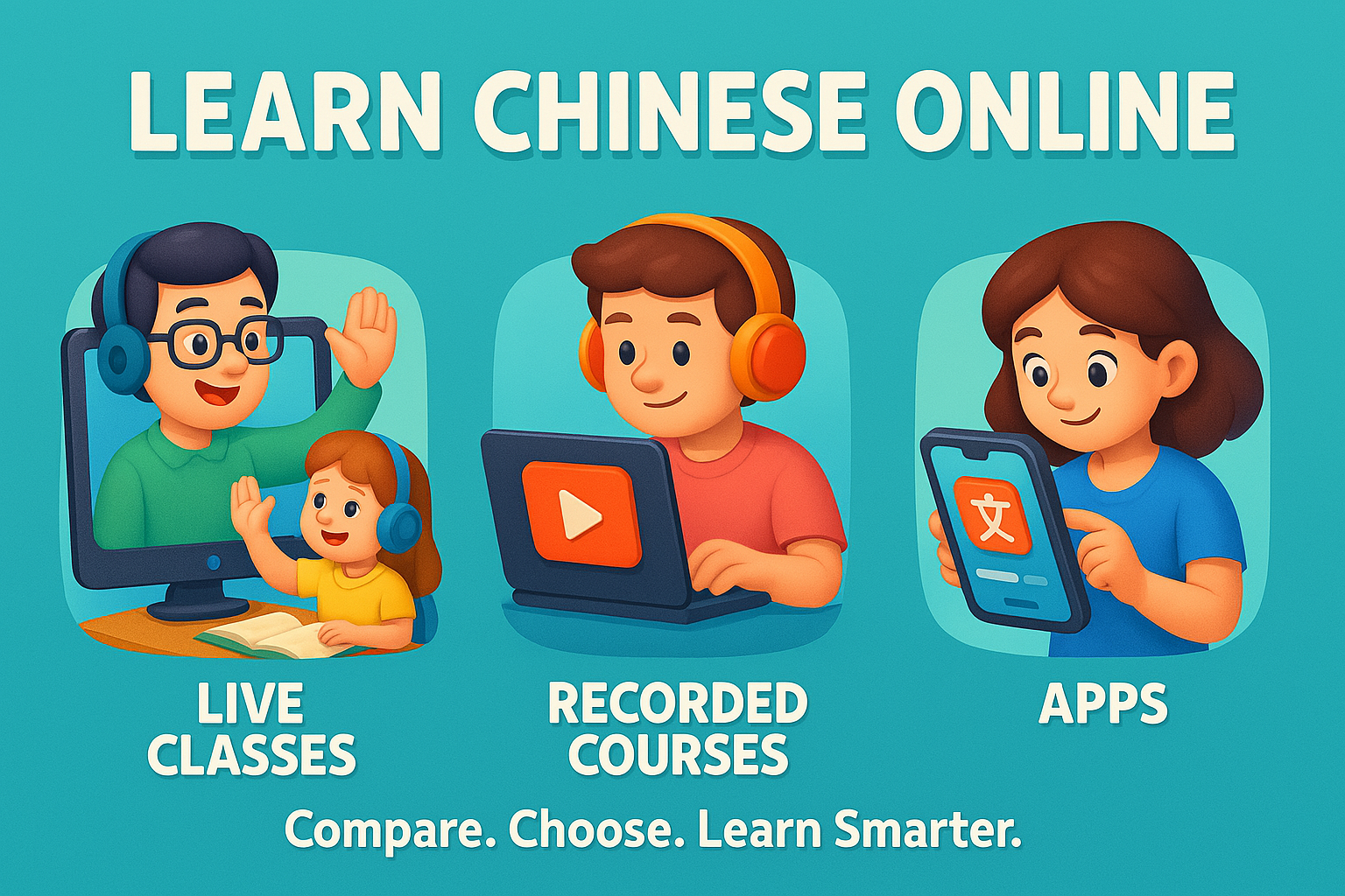 3D-style illustration showing three ways to learn Chinese online: live classes, recorded courses, and mobile apps, with a headline "Learn Chinese Online" and the slogan "Compare. Choose. Learn Smarter."