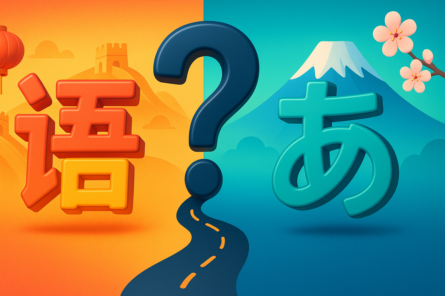 Split-screen Pixar-style illustration: left side shows the Chinese character ‘语’ in warm reds and yellows with Great Wall and lantern; right side shows the Japanese ‘あ’ in cool teals with Mt. Fuji and cherry blossoms; a dark blue question-mark road winds between them.