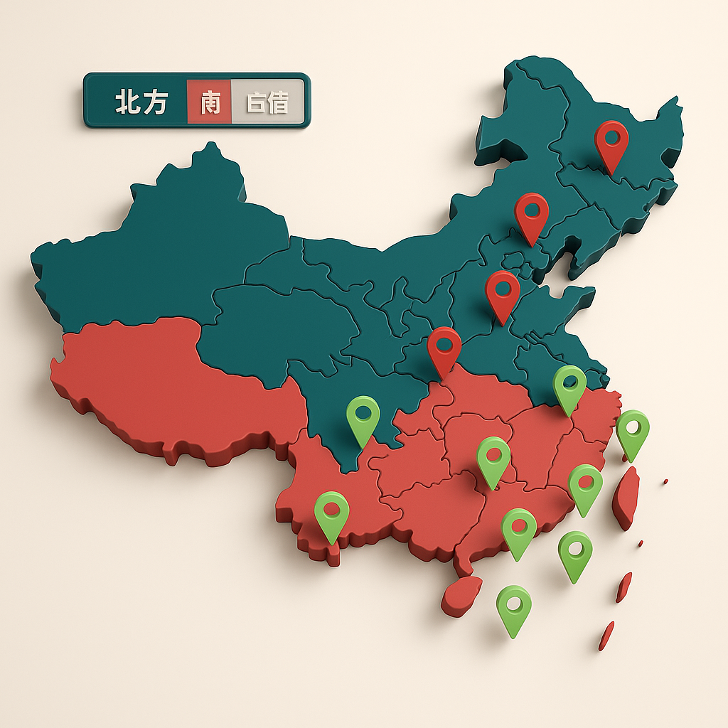 3D map of China divided into northern and southern regions with colored location markers, illustrating popular destinations to learn Chinese in China.