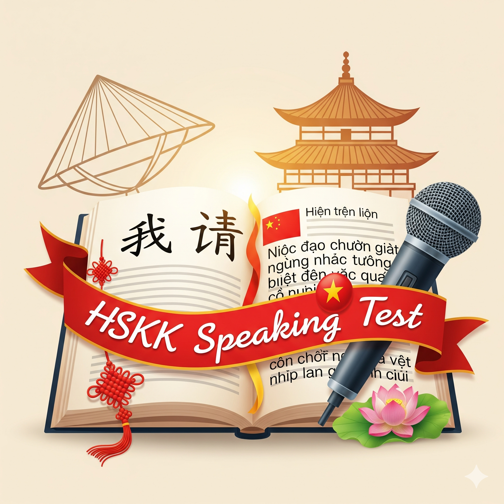 Hình ảnh minh họa cho kỳ thi nói tiếng Trung HSKK, với một cuốn sách mở hiển thị ký tự Trung Quốc và văn bản tiếng Việt, bên cạnh là một chiếc micro, phía sau là hình ảnh nón lá Việt Nam và mái chùa Trung Quốc, cùng với dải băng đỏ ghi 'HSKK Speaking Test'.