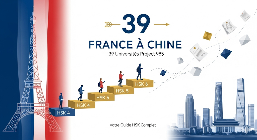 Infographie montrant le parcours éducatif de la France vers la Chine avec Tour Eiffel, étudiants montant les niveaux HSK 4 à 6, et skyline moderne chinois représentant 39 universités d'élite